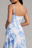 Witblauwe bloemen chiffon korset gerimpelde midi-jurk met split