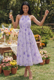 Lila chiffon halter hals met gerimpelde bloemenjurk midi jurk met strik