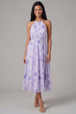 Lila chiffon halter hals met gerimpelde bloemenjurk midi jurk met strik