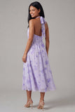 Lila chiffon halter hals met gerimpelde bloemenjurk midi jurk met strik