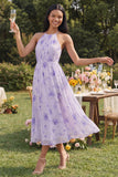 Lila chiffon halter hals met gerimpelde bloemenjurk midi jurk met strik