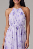 Lila chiffon halter hals met gerimpelde bloemenjurk midi jurk met strik