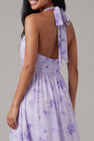 Lila chiffon halter hals met gerimpelde bloemenjurk midi jurk met strik