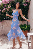 Blauwe schedeprint asymmetrische midi-jurk met bloemen