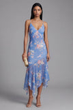 Blauwe schedeprint asymmetrische midi-jurk met bloemen