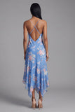Blauwe schedeprint asymmetrische midi-jurk met bloemen