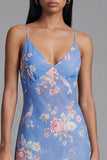 Blauwe schedeprint asymmetrische midi-jurk met bloemen