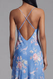 Blauwe schedeprint asymmetrische midi-jurk met bloemen