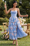 Blauwe korsetkorset met gelaagde chiffon gerimpeld bloemenprint midi-jurk met split