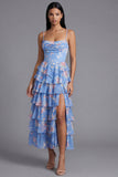 Blauwe korsetkorset met gelaagde chiffon gerimpeld bloemenprint midi-jurk met split