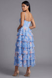 Blauwe korsetkorset met gelaagde chiffon gerimpeld bloemenprint midi-jurk met split