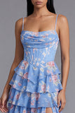 Blauwe korsetkorset met gelaagde chiffon gerimpeld bloemenprint midi-jurk met split