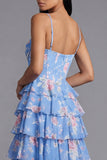 Blauwe korsetkorset met gelaagde chiffon gerimpeld bloemenprint midi-jurk met split