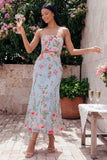 Blauwe roze bloemtule strapless sheath bloemen midi jurk