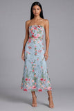Blauwe roze bloemtule strapless sheath bloemen midi jurk