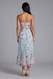 Blauwe roze bloemtule strapless sheath bloemen midi jurk