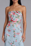 Blauwe roze bloemtule strapless sheath bloemen midi jurk