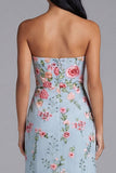 Blauwe roze bloemtule strapless sheath bloemen midi jurk