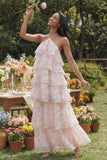 Halter neck Witte Roze Bloem Chiffon Schede Gelaagde Bloemenjurk