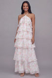 Halter neck Witte Roze Bloem Chiffon Schede Gelaagde Bloemenjurk
