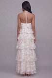 Halter neck Witte Roze Bloem Chiffon Schede Gelaagde Bloemenjurk