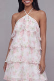Halter neck Witte Roze Bloem Chiffon Schede Gelaagde Bloemenjurk
