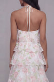 Halter neck Witte Roze Bloem Chiffon Schede Gelaagde Bloemenjurk