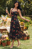 Chiffon zwarte halterhals bedrukte bloemen midi jurk