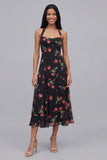 Chiffon zwarte halterhals bedrukte bloemen midi jurk