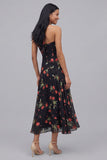 Chiffon zwarte halterhals bedrukte bloemen midi jurk