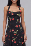 Chiffon zwarte halterhals bedrukte bloemen midi jurk