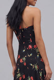 Chiffon zwarte halterhals bedrukte bloemen midi jurk