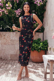 Zwarte Bodycon ronde hals Chiffon bedrukte bloemen midi jurk