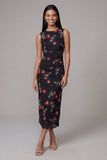 Zwarte Bodycon ronde hals Chiffon bedrukte bloemen midi jurk