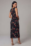 Zwarte Bodycon ronde hals Chiffon bedrukte bloemen midi jurk