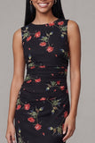 Zwarte Bodycon ronde hals Chiffon bedrukte bloemen midi jurk