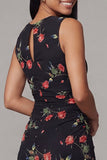 Zwarte Bodycon ronde hals Chiffon bedrukte bloemen midi jurk