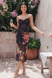 Zwarte Bodycon spaghettibandjes met gerimpelde midi bloemenjurk