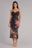 Zwarte Bodycon spaghettibandjes met gerimpelde midi bloemenjurk