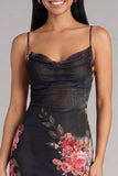 Zwarte Bodycon spaghettibandjes met gerimpelde midi bloemenjurk