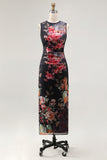 Tule zwarte bodycon Illusion Neck bedrukte gerimpelde bloemen midi jurk
