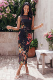 Tule zwarte bodycon Illusion Neck bedrukte gerimpelde bloemen midi jurk