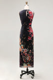 Tule zwarte bodycon Illusion Neck bedrukte gerimpelde bloemen midi jurk
