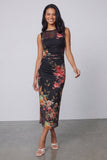 Tule zwarte bodycon Illusion Neck bedrukte gerimpelde bloemen midi jurk
