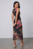 Tule zwarte bodycon Illusion Neck bedrukte gerimpelde bloemen midi jurk