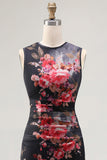 Tule zwarte bodycon Illusion Neck bedrukte gerimpelde bloemen midi jurk