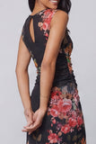 Tule zwarte bodycon Illusion Neck bedrukte gerimpelde bloemen midi jurk