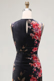 Tule zwarte bodycon Illusion Neck bedrukte gerimpelde bloemen midi jurk