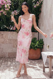 Glinsterende roze bodycon spaghettibandjes met paillettenprint bloemen midi jurk