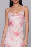 Glinsterende roze bodycon spaghettibandjes met paillettenprint bloemen midi jurk